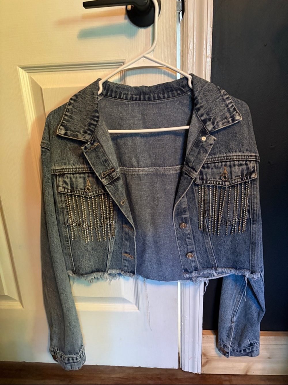 SHEIN Blue Crystal Fringe Cropped Denim Jacket
